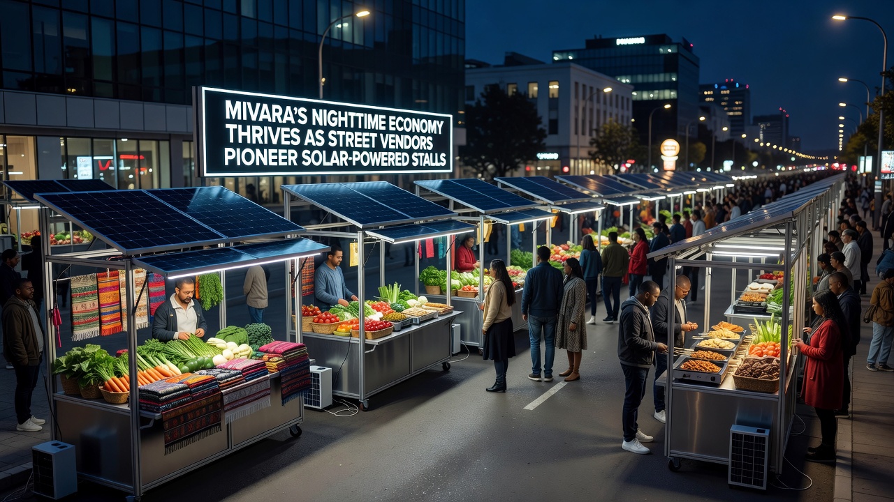 Close-up of a solar-powered vendor stall in Mivara showing panels, battery storage, and evening activity